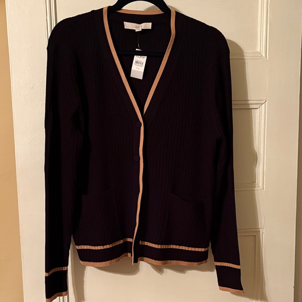 LOFT Black Cardigan with Tan Trim - Picture 3 of 8